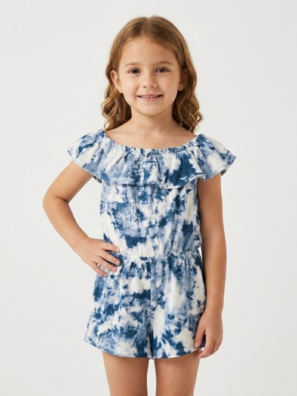 Girls Blue Tie-Dye Off-Shoulder Romper - Kids